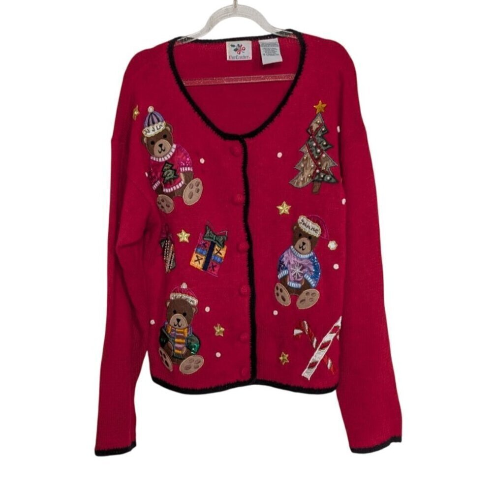 Nutcracker Teddy Bear Cardigan Womens Size Medium Red Embellished Ugly Christmas